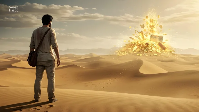 مردی تنها در میان تپه‌های شنی بیابان ایستاده و به توده‌ای درخشان از سکه‌ها، جواهرات و گنجینه‌های طلایی که از زمین بیرون زده نگاه می‌کند