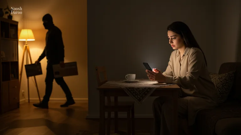 زنی در حالتی آرام و غافل‌گیرنشده پشت میز نشسته و مشغول کار با گوشی موبایل است، در حالی که فنجانی روی میز قرار دارد. در پس‌زمینه، مردی با نقاب در حال دزدیدن وسایل خانه است، بدون اینکه زن متوجه حضور او شود.