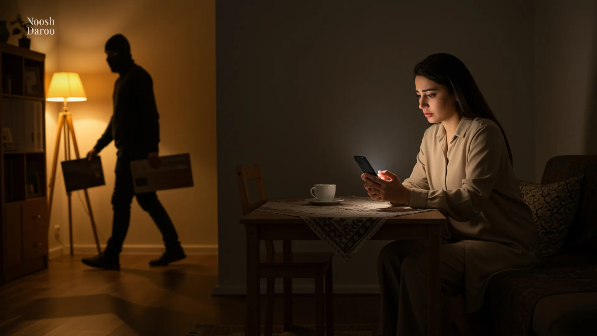 زنی در حالتی آرام و غافلگیرنشده پشت میز نشسته و مشغول کار با گوشی موبایل است، در حالی که فنجانی روی میز قرار دارد. در پسزمینه، مردی با نقاب در حال دزدیدن وسایل خانه است، بدون اینکه زن متوجه حضور او شود.