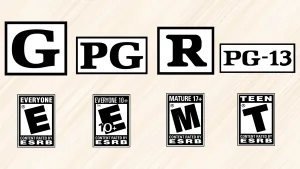 تصویر مجموعه‌ای از نمادهای رده‌بندی سنی برای فیلم‌ها و بازی‌های ویدیویی را نشان می‌دهد که میزان مناسب بودن محتوا برای گروه‌های سنی مختلف را مشخص می‌کنند. نمادهایی مانند G، PG، PG-13 و R مربوط به فیلم‌ها هستند، در حالی که حروف E، E10+، T و M مربوط به بازی‌ها بوده و توسط سازمان ESRB تعیین شده‌اند.