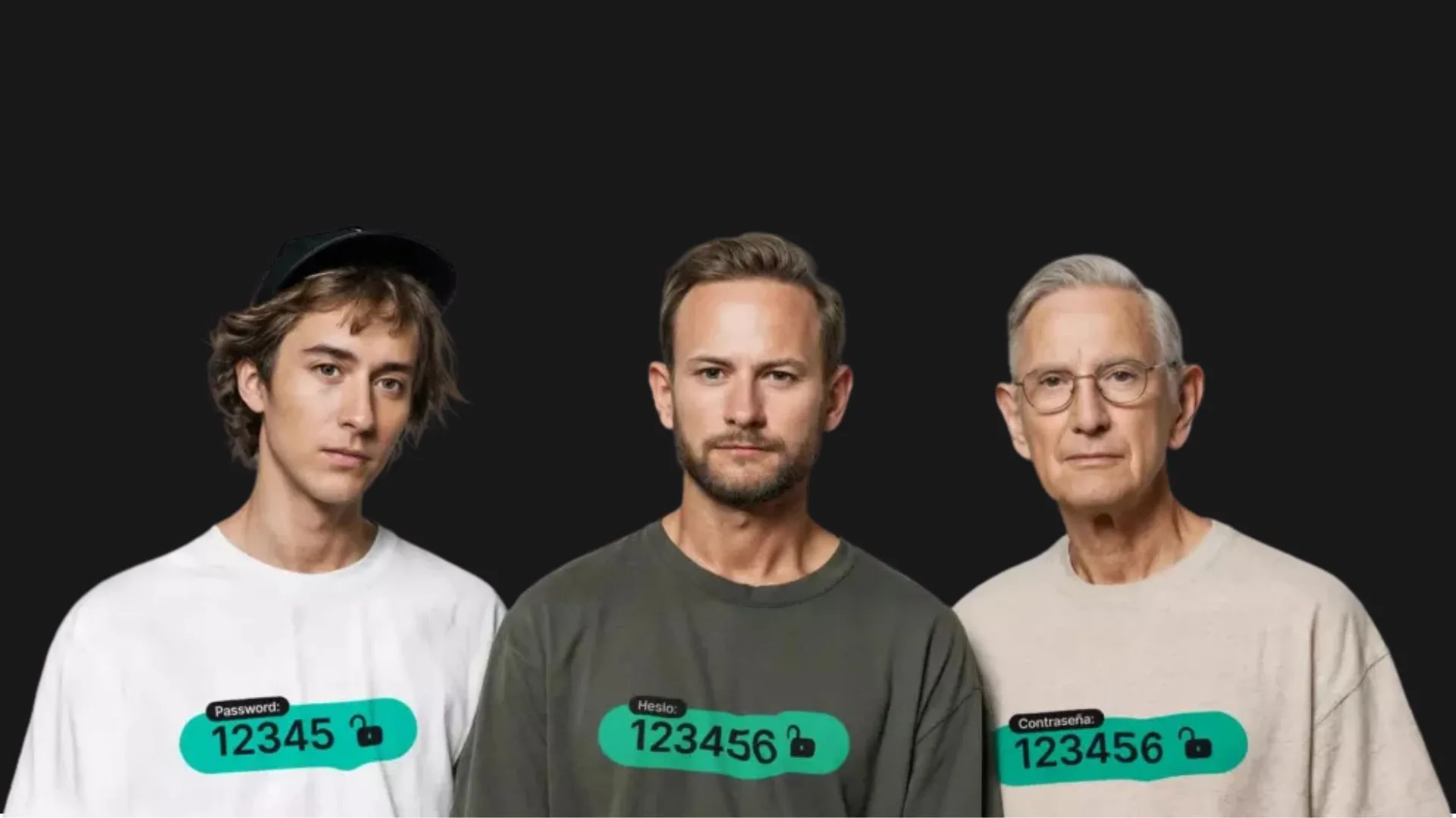 سه مرد از نسلهای مختلف دیده میشوند که هرکدام لباسی با رمز عبور ساده روی آن به زبانهای مختلف پوشیدهاند. هدف تصویر، هشدار طنزآمیز درباره استفاده گسترده و ناامن از رمزهای عبور ضعیف مانند “123456” در بین افراد با سنین متفاوت است.