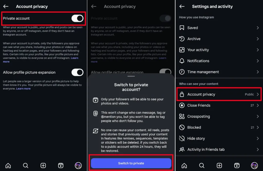 تنظیمات حریم خصوصی اینستاگرام را نشان میدهد که در آن کاربر میتواند حساب خود را از حالت عمومی به خصوصی تغییر دهد. با فعال کردن گزینه “Private account”، فقط دنبالکنندگان تأییدشده میتوانند پستها و استوریهای کاربر را ببینند.