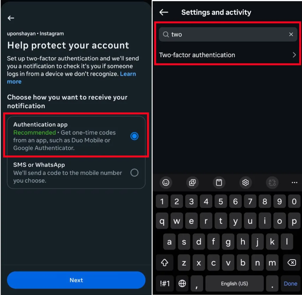 تصویر دو مرحله از فعالسازی احراز هویت دو مرحلهای در اینستاگرام را نشان میدهد. در سمت چپ، گزینه استفاده از اپلیکیشنهایی مانند Google Authenticator توصیه شده و در سمت راست، کاربر با جستجوی عبارت “two” در بخش تنظیمات به گزینه Two-factor authentication دسترسی پیدا کرده است.