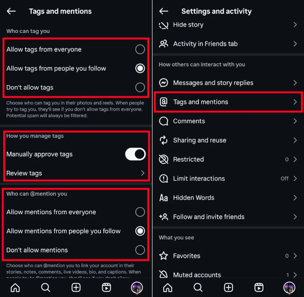 تصویر بخش تنظیمات «تگها و منشنها» در اینستاگرام را نشان میدهد که کاربر میتواند کنترل کند چه کسانی اجازه دارند او را تگ یا منشن کنند. گزینههایی مانند محدود کردن به افراد دنبالشده و فعالسازی تأیید دستی تگها برای افزایش حریم خصوصی وجود دارد.
