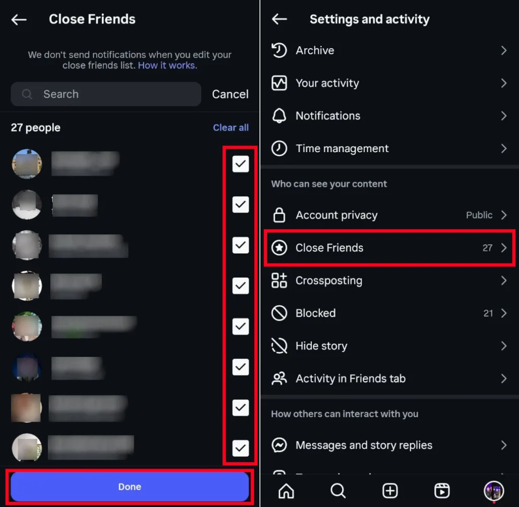 تصویر دو بخش از تنظیمات اینستاگرام را نشان میدهد که مربوط به مدیریت لیست «دوستان نزدیک» (Close Friends) هستند. در سمت راست، کاربر از منوی تنظیمات وارد بخش Close Friends شده و در سمت چپ، افراد دلخواه را برای اضافه شدن به این لیست انتخاب کرده است.