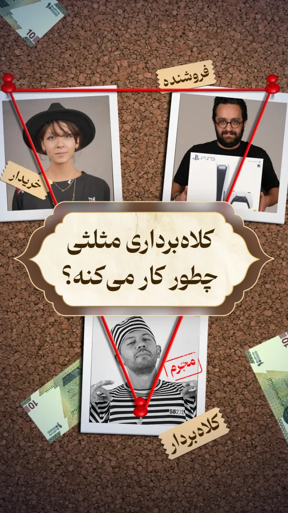 تصویر با عنوان «کلاه‌برداری مثلثی چطور کار می‌کنه؟» سه نقش خریدار، فروشنده و کلاه‌بردار را در یک چیدمان مثلثی نمایش می‌دهد. در پایین تصویر، فردی با لباس زندان و برچسب “مجرم” به عنوان کلاه‌بردار معرفی شده که با فریب هر دو طرف، معامله‌ای جعلی ترتیب می‌دهد.