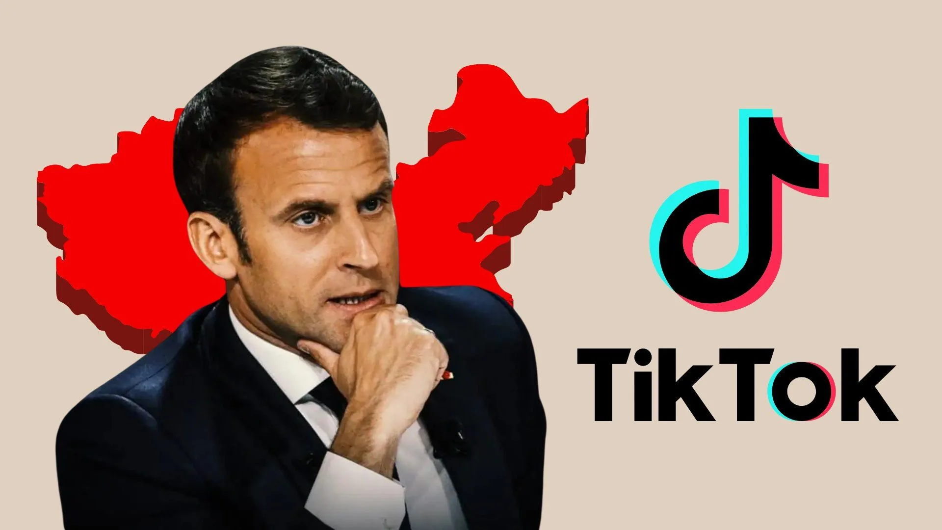ر، لوگوی بزرگ و رنگارنگ شبکه اجتماعی تیک‌تاک در سمت راست قرار دارد. در پس‌زمینه، نقشه‌ای قرمزرنگ از کشور چین دیده می‌شود که به ارتباط تیک‌تاک با این کشور اشاره دارد و در جلوی تصویر عکس رئیس جمهور فرانسه قرار دارد.