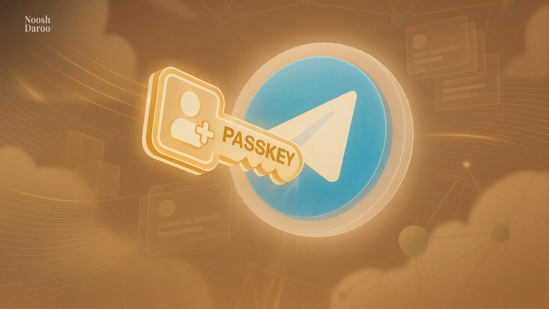 ک کلید دیجیتال با عنوان «Passkey» است که به لوگوی تلگرام اشاره دارد و استفاده از فناوری امنیتی پیشرفته را نشان می‌دهد. زمینه تصویر به رنگ‌های گرم و طلایی طراحی شده و حس اتصال و شبکه‌های دیجیتال را منتقل می‌کند.