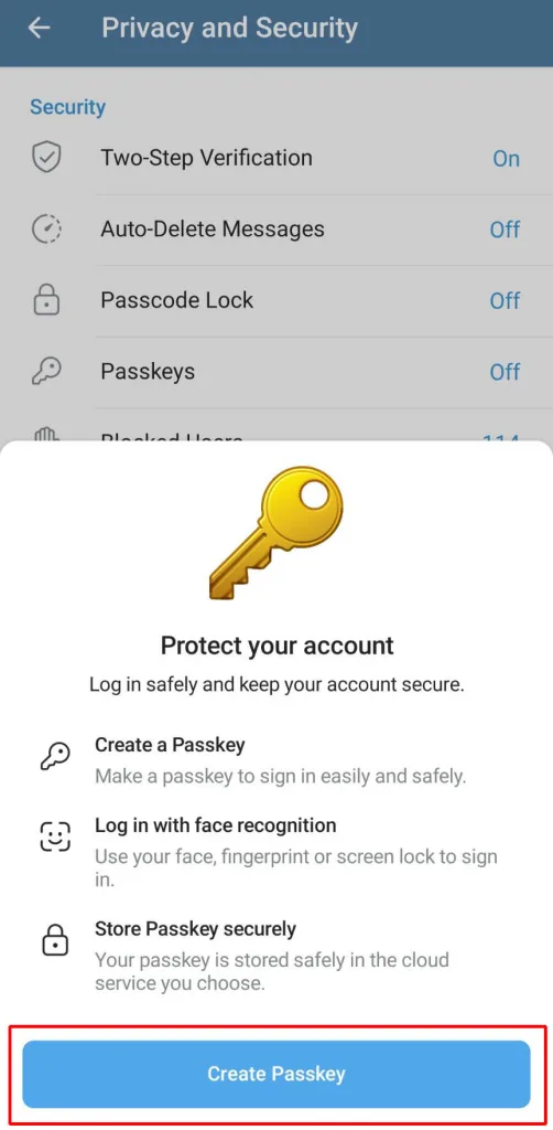 گزینه create passkey در تلگرام مشخص شده است