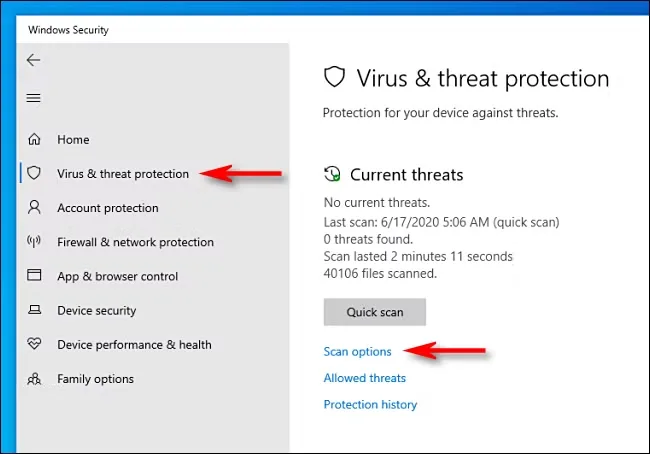 خشی از تنظیمات امنیتی ویندوز را نشان می‌دهد که گزینه «Virus & threat protection» برای بررسی و مدیریت تهدیدات امنیتی انتخاب شده است.
در سمت راست، وضعیت اسکن دستگاه نمایش داده شده که نشان می‌دهد هیچ تهدیدی فعلی وجود ندارد و اطلاعاتی درباره آخرین اسکن، مدت زمان آن و تعداد فایل‌های بررسی‌شده ارائه شده است.





