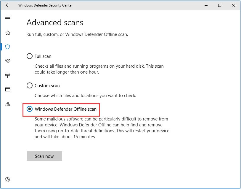  بخش «Advanced scans» در تنظیمات امنیتی ویندوز است که امکان اجرای اسکن کامل، اسکن سفارشی یا اسکن آفلاین با Windows Defender را فراهم می‌کند.
گزینه «Windows Defender Offline scan» انتخاب شده است که توضیح می‌دهد این نوع اسکن برای حذف نرم‌افزارهای مخرب دشوار انجام می‌شود و نیاز به راه‌اندازی مجدد دستگاه دارد.




