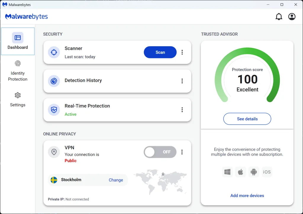  صفحه داشبورد نرم‌افزار امنیتی Malwarebytes را نشان می‌دهد که اطلاعاتی درباره وضعیت اسکن، تاریخچه تشخیص تهدیدات، و حفاظت فعال در زمان واقعی ارائه می‌دهد.
در سمت راست، امتیاز حفاظت 100 (عالی) با نمودار سبزرنگ دیده می‌شود و گزینه‌های مربوط به حریم خصوصی آنلاین مانند VPN نیز در پایین صفحه نمایش داده شده‌اند.