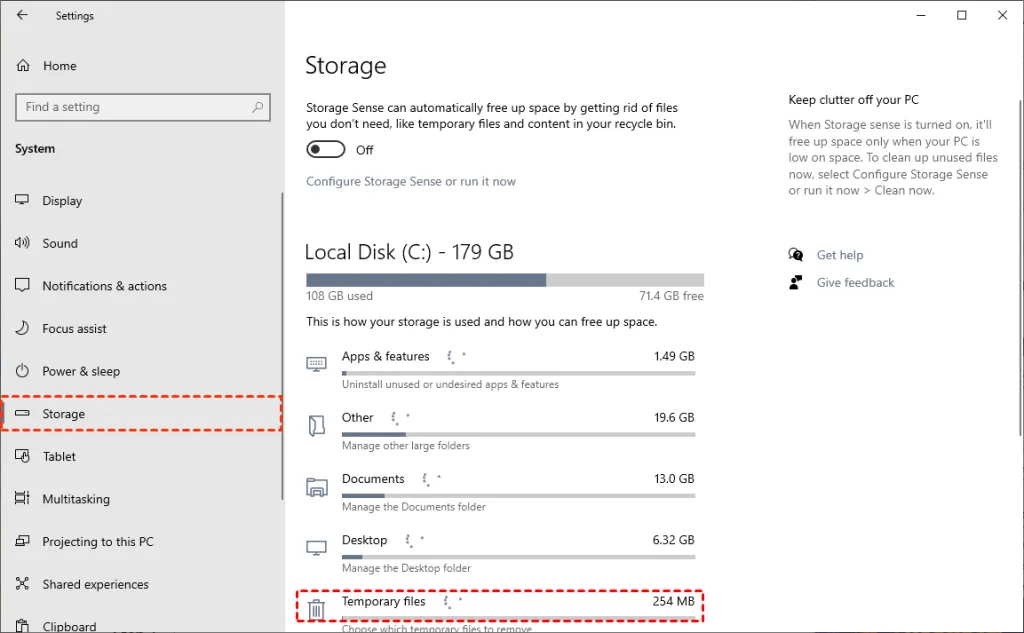 صفحه تنظیمات فضای ذخیره‌سازی ویندوز را نشان می‌دهد که در بخش «Storage» میزان استفاده و فضای آزاد در دیسک اصلی (Local Disk C) نمایش داده شده است.
گزینه‌هایی برای مدیریت فایل‌ها مانند «Apps & features»، «Documents» و «Temporary files» دیده می‌شود که حجم فایل‌های موقت برابر با 254 مگابایت مشخص شده است.