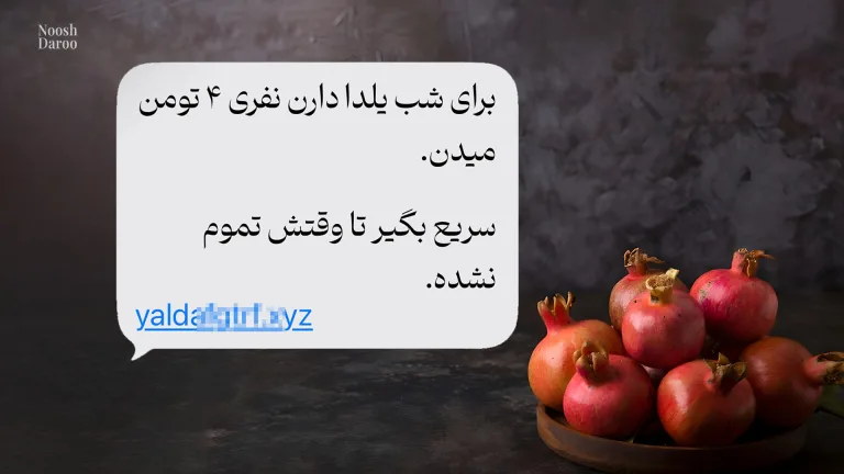 تصویر شامل یک متن تبلیغاتی است که پیشنهاد ویژه‌ای برای شب یلدا ارائه می‌دهد و قیمت برای هر نفر ۴ تومان ذکر شده است. در کنار متن، تصویری از یک سینی چوبی با چند انار قرمز تازه قرار گرفته که حال و هوای شب یلدا را تداعی می‌کند.