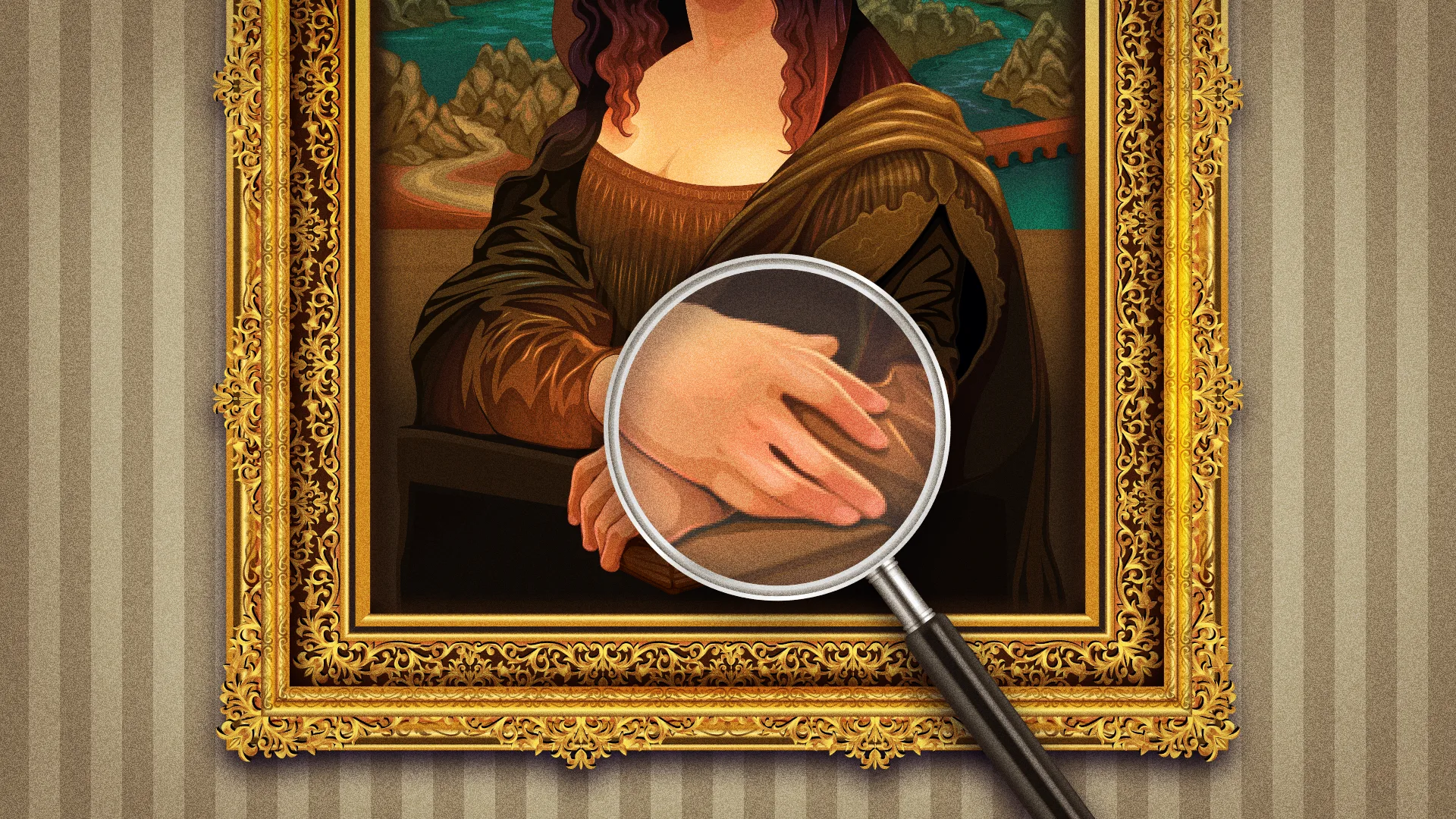 تصویر نقاشی معروف مونالیزا را نشان می‌دهد که درون یک قاب طلایی با تزئینات دقیق قرار گرفته است. یک ذره‌بین بزرگ، روی دست‌های مونالیزا که روی یکدیگر قرار گرفته‌اند، تمرکز کرده و شش انگشت برای مونالیزا نمایش می‌دهد.