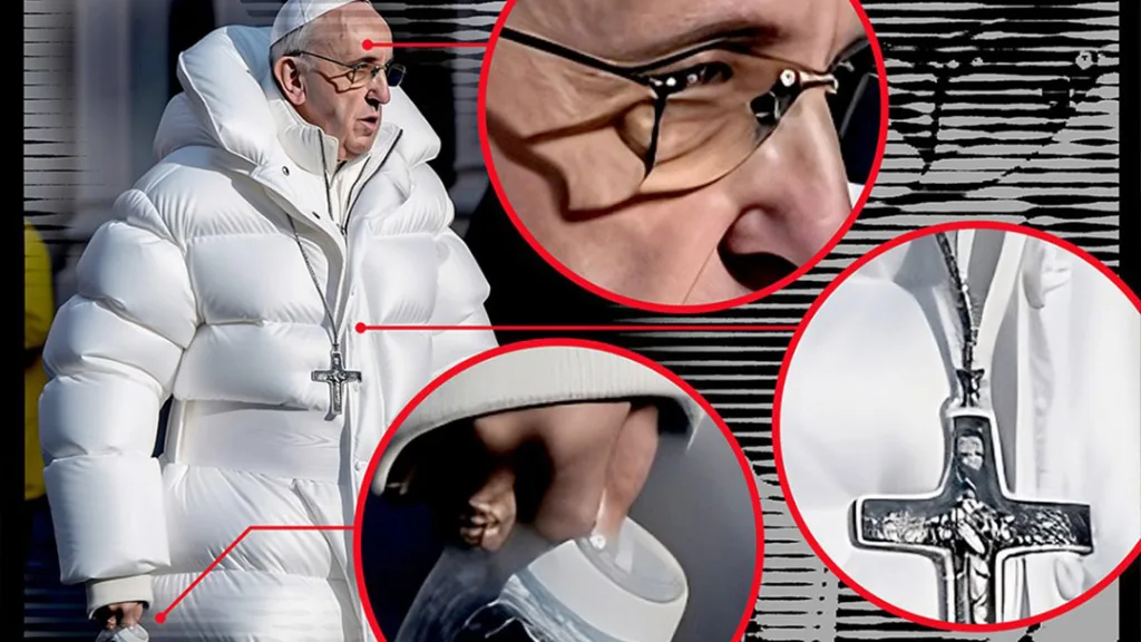  فردی با یک کاپشن پفی سفید و زیپ‌دار را نشان می‌دهد که جزئیات غیرطبیعی در لباس و اکسسوری‌ها و عدم تقارن و تناسب در اندام‌ها و مشکلات در پس‌زمینه و ادغام اشیاء در ان دیده می‌شود.