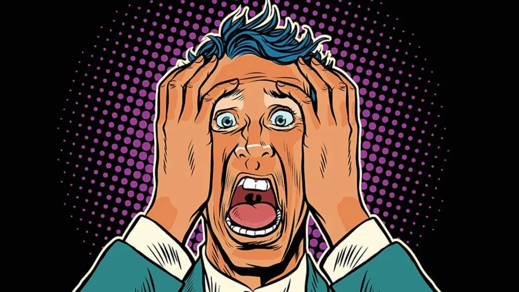 یک مرد در سبک کمیک با حالتی آشفته، دستانش را روی سر گذاشته و چشمانش از ترس و استرس باز ماندهاند.
این تصویر به شکل اغراقآمیز اضطراب ناشی از FOMO را نمایش میدهد؛