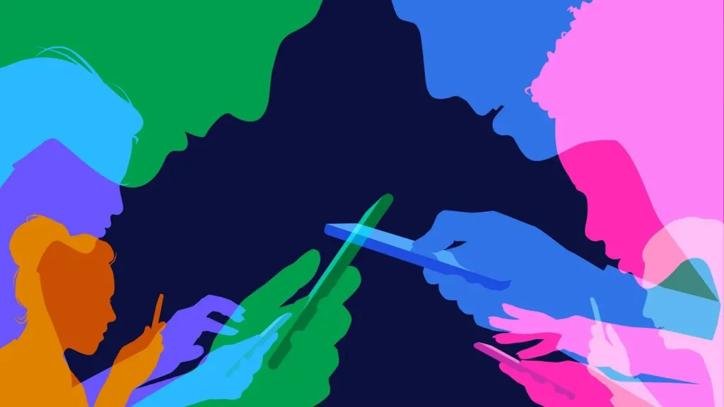 چند چهره و دست رنگارنگ را در حال نگاه کردن به صفحه موبایل نشان میدهد که همگی در سکوت و غرق در دنیای دیجیتال هستند؛ فضایی انتزاعی که حس وابستگی به شبکههای اجتماعی و ترس از جا ماندن (FOMO) را القا میکند.
این تصویر با رنگهای متنوع ولی تیره، نشاندهنده تأثیر منفی مقایسههای دائمی آنلاین است