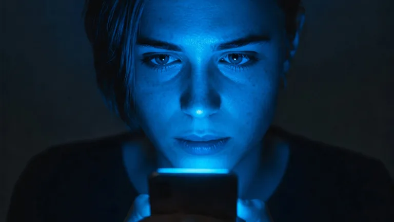 چهره زنی را نشان می‌دهد که با نوری آبی از صفحه موبایل روشن شده و با چشمانی خسته و نگران به آن خیره شده؛ القاگر حس اضطراب ناشی از مقایسه اجتماعی و ترس از جا ماندن (FOMO).