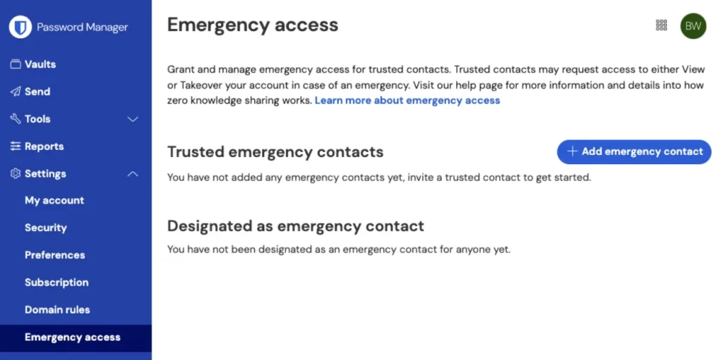 ، بخش «دسترسی اضطراری» نرمافزار مدیریت رمز عبور نمایش داده شده است که به کاربر اجازه میدهد افراد معتمدی را تعیین کند تا در شرایط بحرانی به حساب او دسترسی داشته باشند.
این قابلیت برای مواقعی مانند بیماریهای شدید یا حتی پس از مرگ طراحی شده