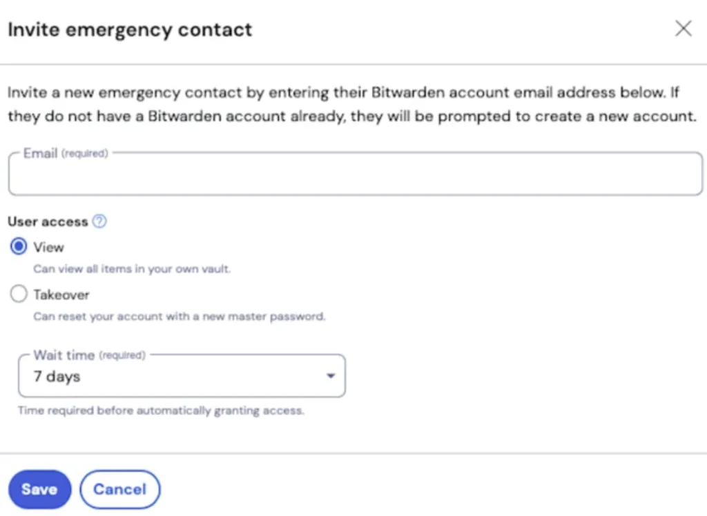 صفحهای از نرمافزار Bitwarden را نشان میدهد که کاربر در حال افزودن «تماس اضطراری» است؛ در این قسمت، میتوان آدرس ایمیل فرد موردنظر را وارد و نوع دسترسی او را تعیین کرد.
گزینهها شامل «مشاهده اطلاعات» یا «تسلط کامل و تغییر رمز اصلی» هستند و کاربر میتواند مدتزمان انتظار برای فعال شدن دسترسی را نیز مشخص کند؛ این ویژگی برای امنیت در شرایط بحرانی یا پس از مرگ طراحی شده است.