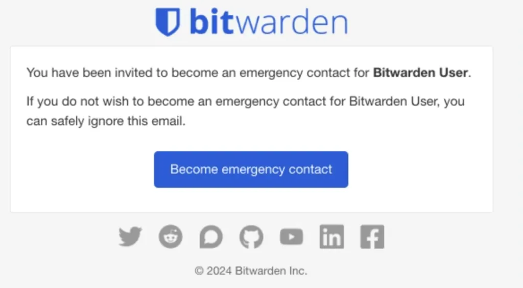این تصویر مربوط به بخش «دعوت از مخاطب اضطراری» در نرمافزار مدیریت رمز عبور Bitwarden است، جایی که کاربر میتواند با وارد کردن ایمیل فرد مورد اعتماد، به او دسترسی محدود یا کامل به اطلاعات خود بدهد.
گزینههایی مانند «فقط مشاهده» یا «تسلط کامل» در کنار تعیین مدتزمان انتظار (مثلاً ۷ روز) برای فعال شدن دسترسی وجود دارد، با دکمههای آبی «Save» و «Cancel» در پایین تصویر برای ذخیره یا لغو تغییرات.
