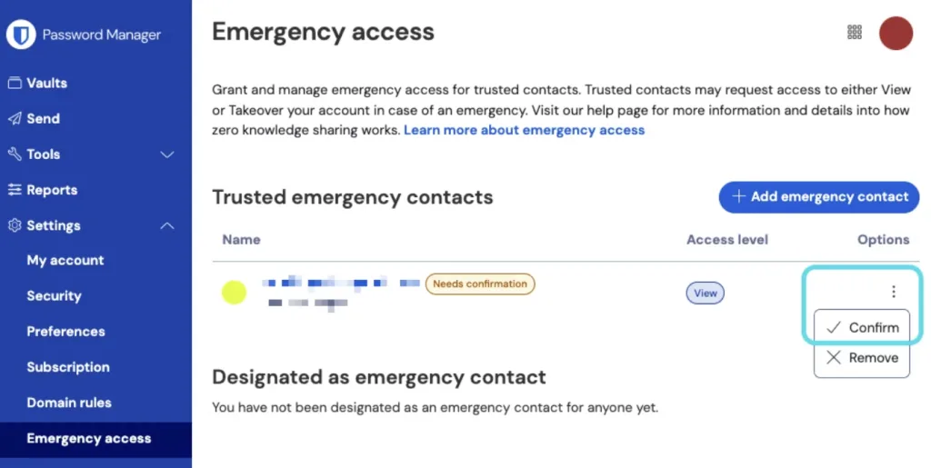 تصویر مربوط به بخش «دسترسی اضطراری» در یک نرمافزار مدیریت رمز عبور است که در آن کاربر میتواند مخاطبان معتمد را برای دسترسی در شرایط بحرانی اضافه کند.
یک مخاطب در لیست با وضعیت «نیاز به تأیید» نمایش داده میشود و گزینههایی مانند «تأیید» یا «حذف» نیز برای مدیریت این درخواست در دسترس است.
