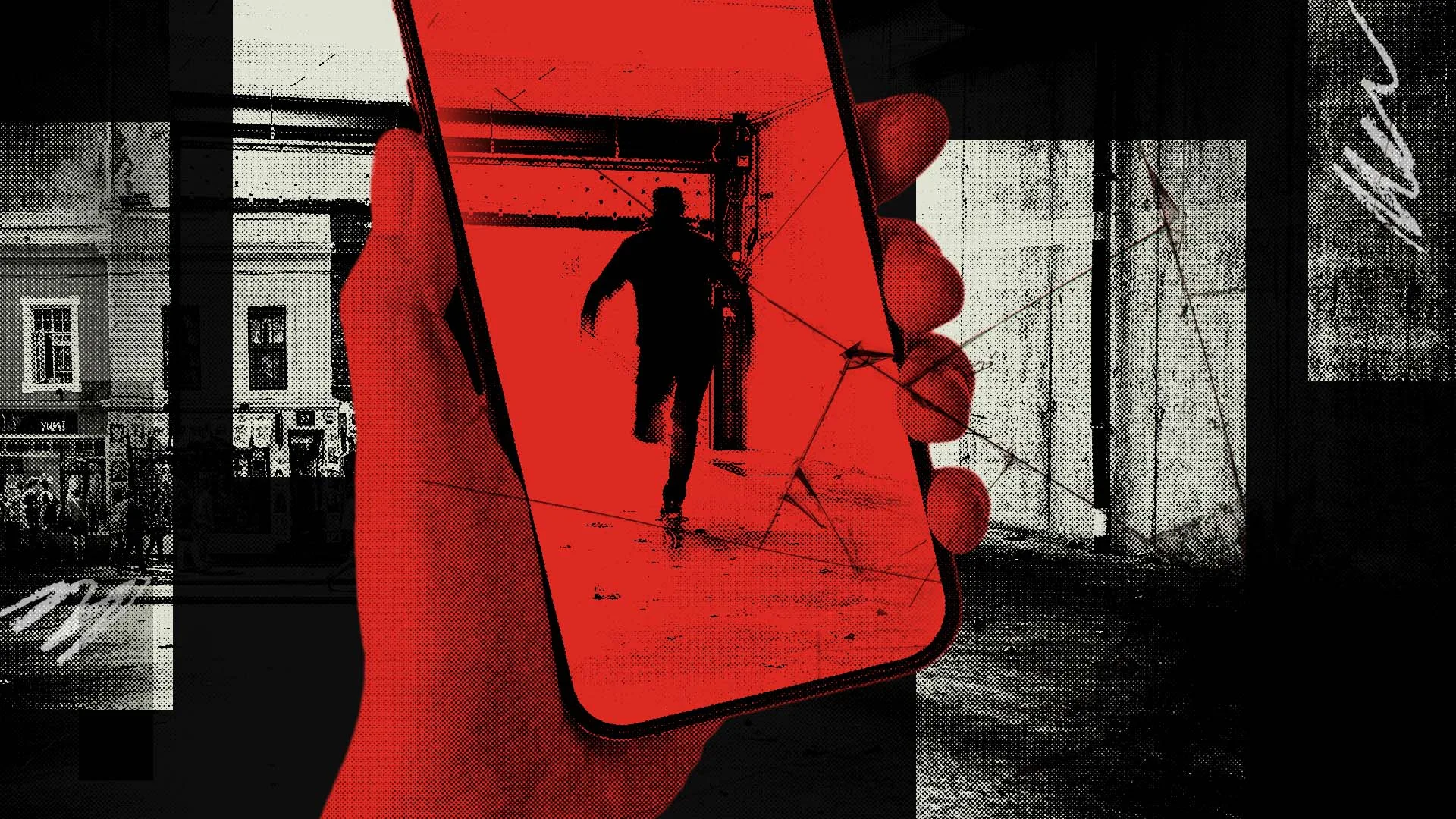 تصویری گرافیکی و هشدارآمیز است که یک دست را نشان میدهد که گوشی موبایلی را گرفته؛ داخل صفحه گوشی، تصویر مردی در حال فرار دیده میشود. رنگ غالب تصویر قرمز و سیاه است که حس خطر، تهدید یا سرقت را القا میکند و نشاندهنده ارتباط مستقیم بین موبایل و یک اتفاق مجرمانه یا ناگهانی است.