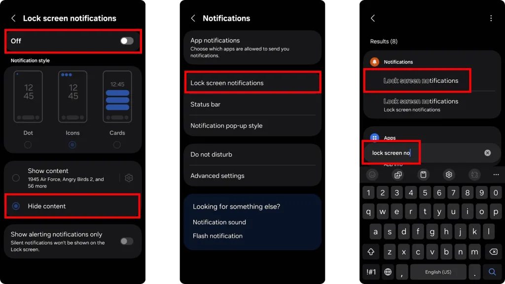 این تصویر سه مرحله از تنظیمات گوشی اندرویدی را نشان میدهد که کاربران میتوانند با جستجوی “Lock screen notifications” در تنظیمات، وارد بخش اعلانهای صفحه قفل شوند.
در این بخش، گزینههایی برای خاموش کردن نمایش اعلانها یا پنهانسازی محتوای آنها روی صفحه قفل وجود دارد که بهمنظور جلوگیری از افشای پیامهای خصوصی بدون باز کردن قفل گوشی کاربرد دارد