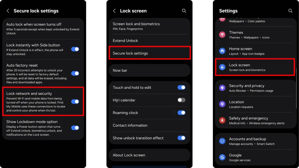 سه اسکرینشات از مسیر فعالسازی گزینه “Lock network and security” در تنظیمات گوشی اندرویدی را نشان میدهد که مانع از خاموش کردن اینترنت در حالت قفل میشود.
این قابلیت از دزدیده شدن گوشی و دسترسی به اطلاعات شخصی جلوگیری میکند، زیرا اجازه نمیدهد سارق اتصال اینترنت را غیرفعال کند