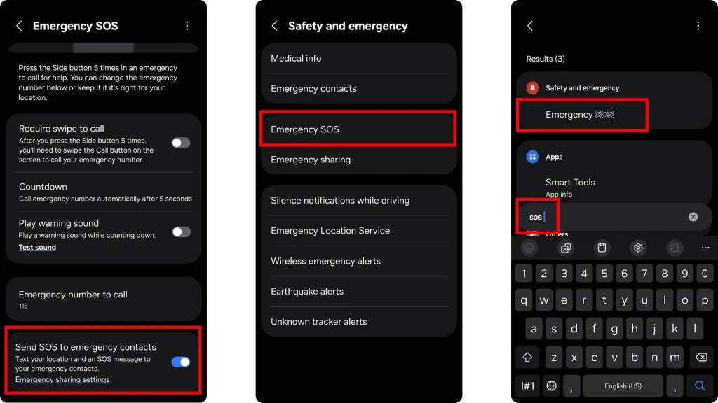 مراحل فعالسازی قابلیت Emergency SOS در گوشی اندرویدی را نشان میدهد که با فشردن ۵ بار دکمه پاور، پیام هشدار و موقعیت مکانی به مخاطبان اضطراری ارسال میکند.
کاربران میتوانند از طریق جستجوی عبارت “SOS” در تنظیمات، این قابلیت را پیدا کرده و گزینه «Send SOS to emergency contacts» را برای ارسال خودکار فعال کنند.