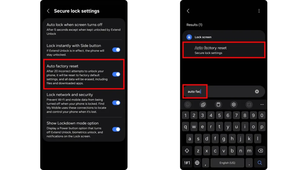دو مرحله از فعالسازی گزینه Auto factory reset را در تنظیمات امنیتی گوشی اندرویدی نمایش میدهد که از طریق جستجو قابل دسترسی است.
با فعالسازی این گزینه، اگر رمز گوشی ۲۰ بار اشتباه وارد شود، دستگاه به تنظیمات کارخانه برمیگردد و تمامی اطلاعات ذخیرهشده حذف میشود