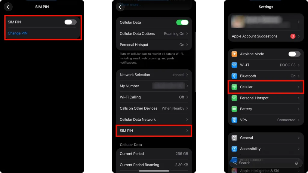 تصویر سه مرحله از فعال‌سازی رمز سیم‌کارت (SIM PIN) در آیفون را نشان می‌دهد که از مسیر Settings > Cellular > SIM PIN قابل دسترسی است.
 با روشن‌کردن گزینه SIM PIN، در صورت خارج‌کردن سیم‌کارت از گوشی، تا وارد کردن رمز صحیح، سیم‌کارت غیرفعال باقی می‌ماند و از دسترسی سارق به کدهای پیامکی جلوگیری می‌شود.