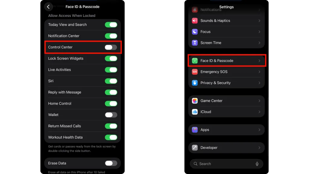 در این تصویر بخش تنظیمات Face ID & Passcode آیفون نمایش داده شده که از مسیر Settings قابل دسترسی است.
در این بخش، گزینه Control Center غیرفعال شده تا هنگام قفل بودن گوشی، سارق نتواند اینترنت دستگاه را با Airplane Mode قطع کند.