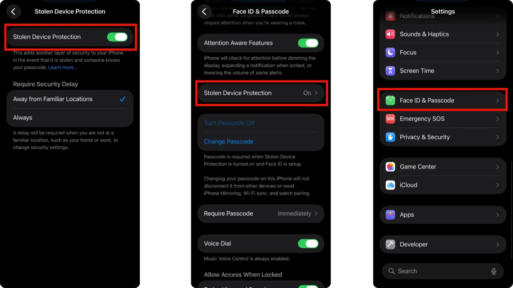 مراحل فعال‌سازی قابلیت Stolen Device Protection در آیفون را نشان می‌دهد که از مسیر Settings > Face ID & Passcode قابل دسترسی است. با روشن کردن این گزینه، درصورت دزدیده‌شدن گوشی و تلاش برای تغییر رمز در مکان ناشناس، احراز هویت اضافی از طریق Face ID و تأخیر امنیتی یک‌ساعته فعال می‌شود.