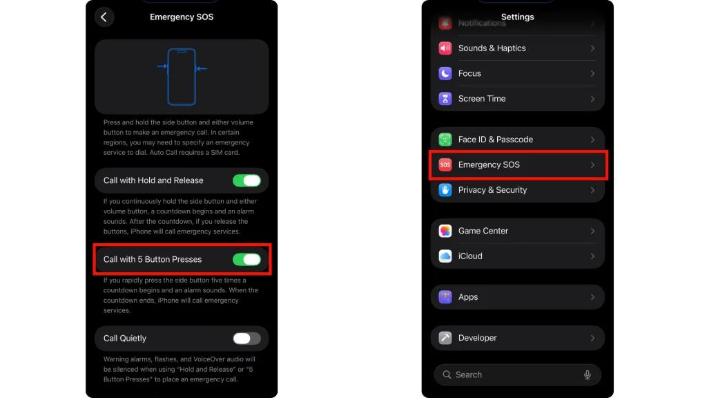تصویر سمت راست، بخش تنظیمات آیفون را نشان می‌دهد که در آن گزینه “Emergency SOS” برای ورود به تنظیمات تماس اضطراری انتخاب شده است.
 در تصویر سمت چپ، گزینه “Call with 5 Button Presses” فعال شده که امکان تماس خودکار با اورژانس را با فشردن سریع ۵ بار دکمه پاور فراهم می‌کند.