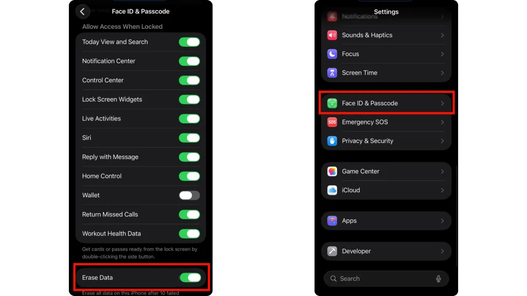تصویر سمت راست، تنظیمات آیفون نمایش داده شده که گزینه‌ی ورود به بخش «Face ID & Passcode» برای انجام تغییرات امنیتی مشخص شده است.
در تصویر سمت چپ، گزینه‌ی «Erase Data» فعال شده که باعث می‌شود پس از ۱۰ بار ورود رمز اشتباه، تمام اطلاعات آیفون به‌صورت خودکار پاک شود.