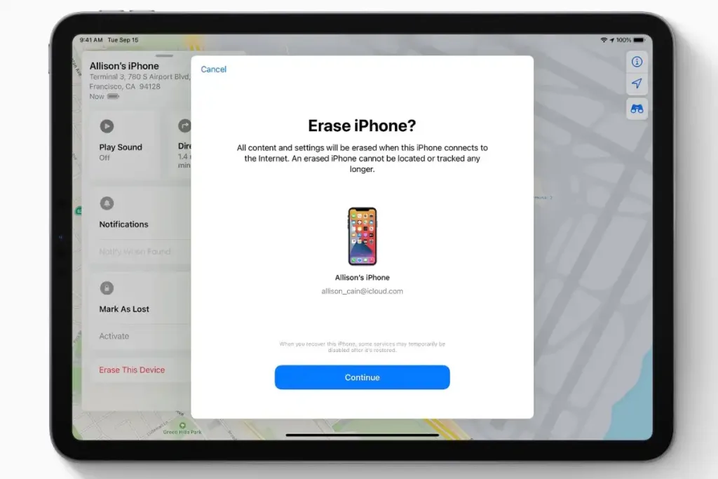 صفحه‌ای از سایت iCloud را نشان می‌دهد که از طریق آن کاربر می‌تواند آیفون سرقت‌شده‌اش را از راه دور پاک‌سازی کند.
در مرکز صفحه، گزینه “Erase iPhone” فعال شده که با زدن دکمه آبی “Continue”، تمام اطلاعات و تنظیمات گوشی حذف می‌شود تا از دسترسی سارق جلوگیری شود.





