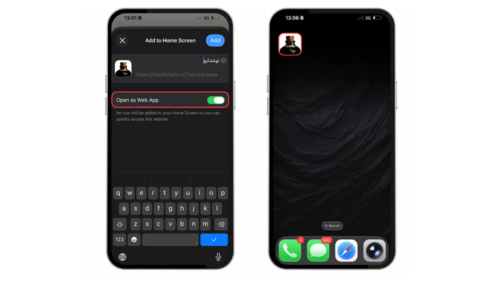 دو گوشی آیفون در کنار هم در حال نمایش مراحل اضافه کردن وب اپلیکیشن نوشدارو روی مرورگر سافاری به‌ترتیب از چپ به راست