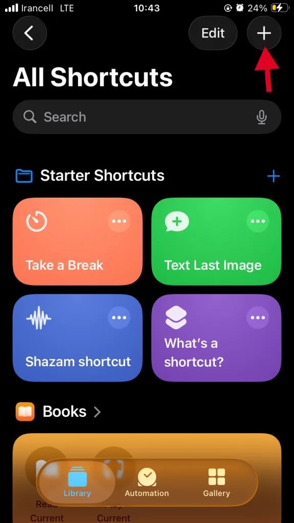  انتخاب +  برای ساخت میانبری جدید در اپلیکیشن Shortcuts 