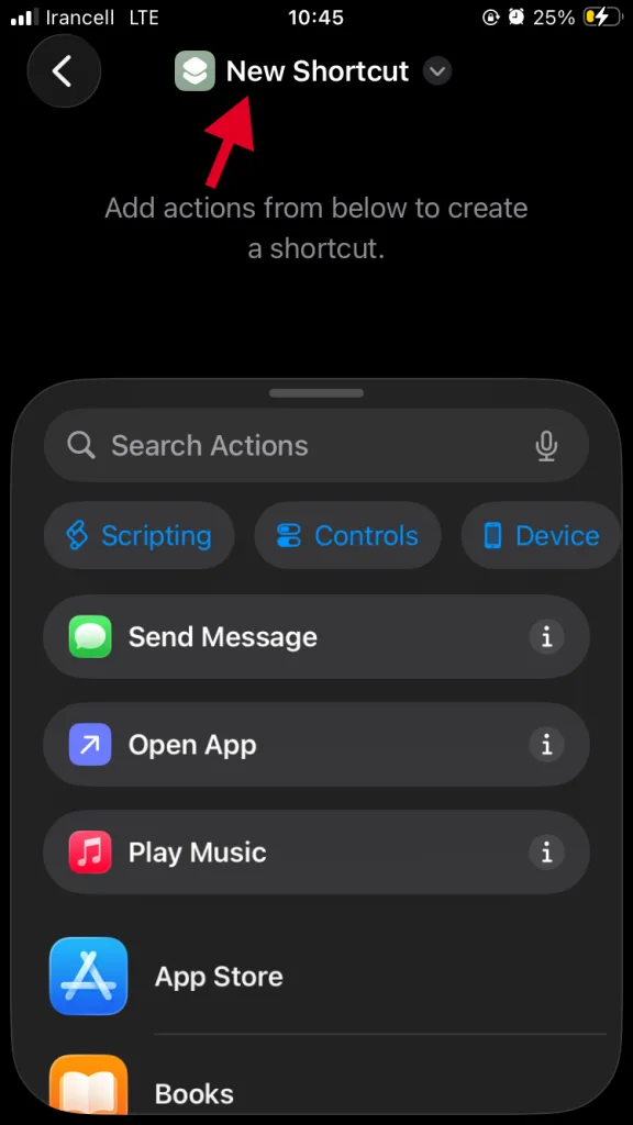انتخاب new shortcut در اپلیکیشن shortcut