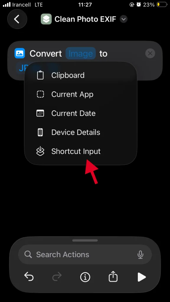 روی «Image» را انتخاب کنید و بعد  «Shortcut Input» را انتخاب کنید