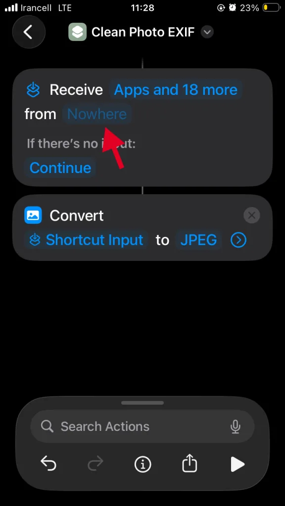 در کادر clean photo exif  روی «Nowhere» بزنید و «Input Source» را به «Show in Share Sheet» تغییر دهید.