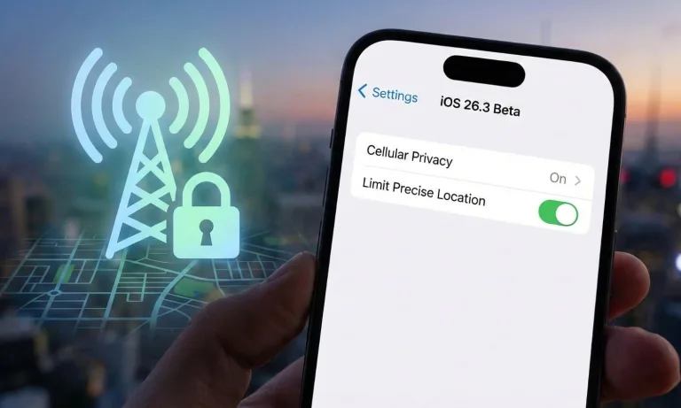 گزینه‌ی Limit Precise Location در بخش Cellular Privacy تنظیمات iOS در حالت روشن، کنار تصویر دکل مخابراتی قفل‌شده