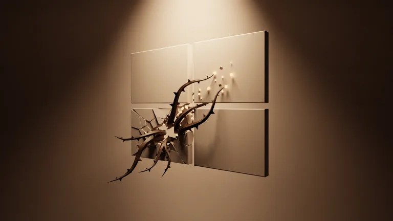 لوگوی سه‌بعدی شرکت مایکروسافت در وسط تصویر قرار دارد که یکی از مربع‌های آن (پایین سمت چپ) شکسته و از دل این شکستگی، شاخه‌هایی خاردار و تیره به بیرون فوران کرده‌اند که مفهوم آسیب‌پذیری سیستم‌عامل، نفوذ یک ویروس یا بدافزار به داخل سیستم و تخریب آن از درون را نمایش می‌دهد.