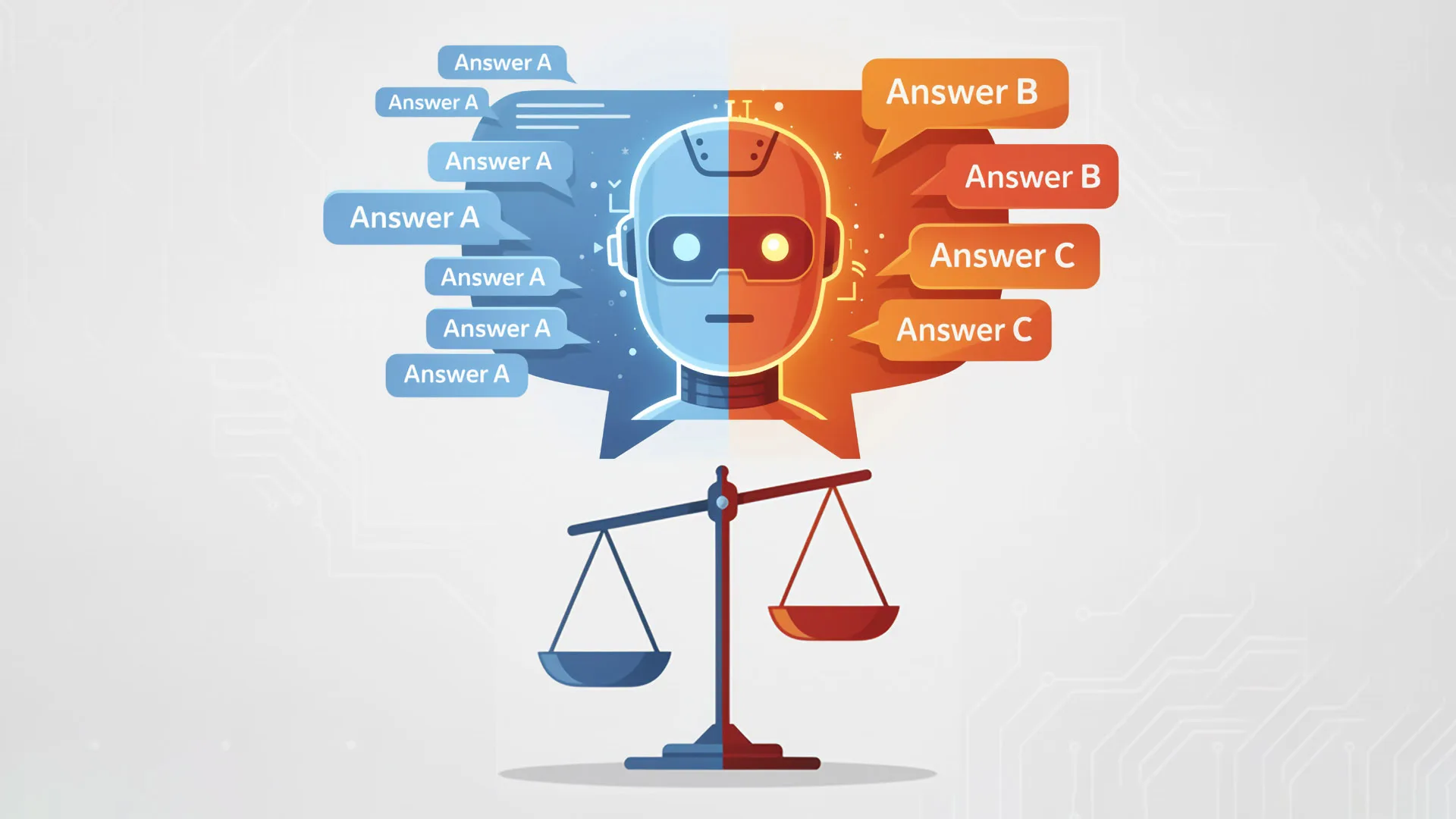 چهره هوش مصنوعی در میان پاسخ‌های متفاوت (Answer A، B و C) قرار گرفته که به مفهوم مقایسه و انتخاب میان خروجی‌های مختلف اشاره دارد. ترازوی زیر تصویر نماد سنجش، بی‌طرفی و ارزیابی عادلانه پاسخ‌ها در سیستم‌های هوشمند است.