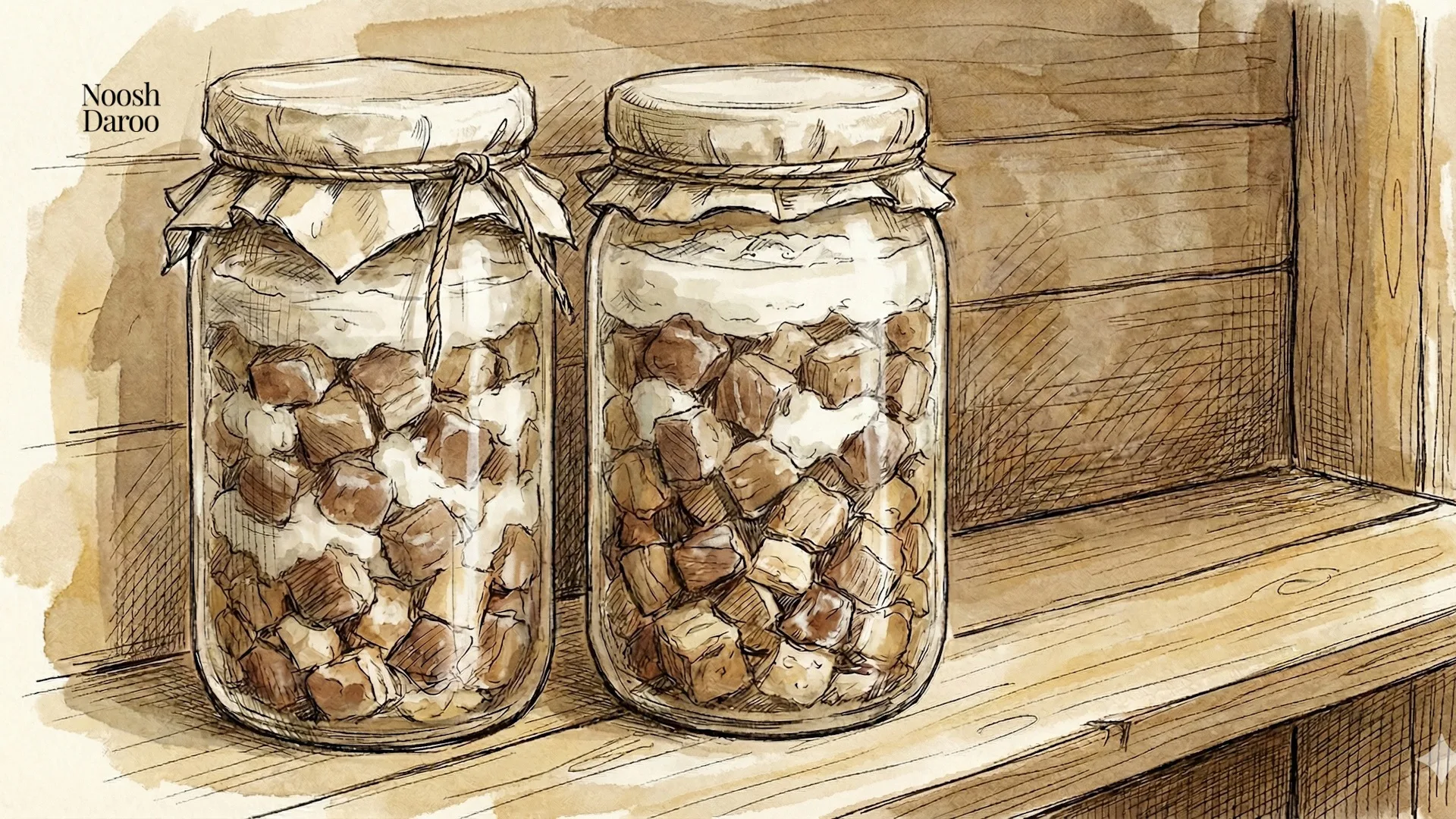 تصویری کارتونی از دو محفظه شیشهای که حاوی گوشت قورمه برای نگهداری طولانی مدتاند