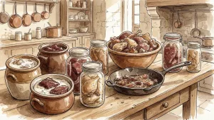 نقاشی کرم و قهوه‌ای رنگ که انواع گوشت‌های نمک‌سود و قورمه را در فضای آشپزخانه نشان می‌دهد