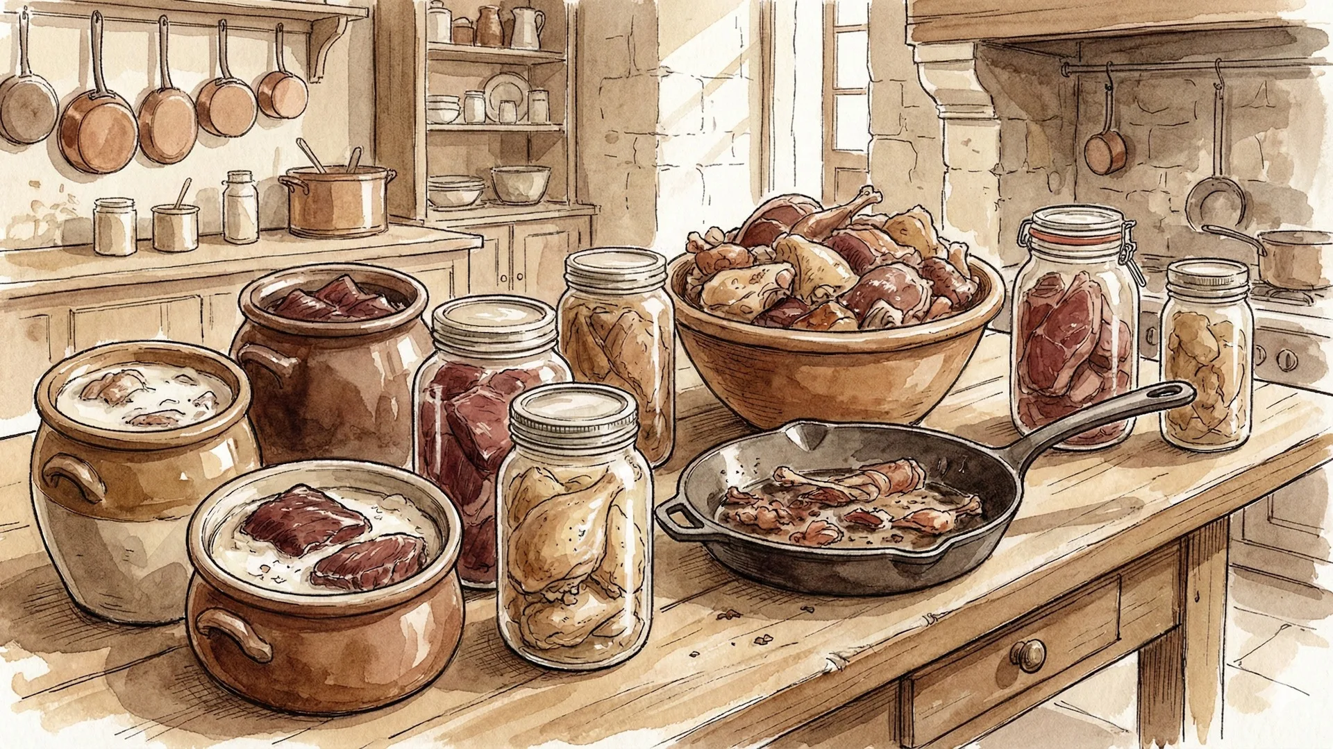 نقاشی کرم و قهوهای رنگ که انواع گوشتهای نمکسود و قورمه را در فضای آشپزخانه نشان میدهد
