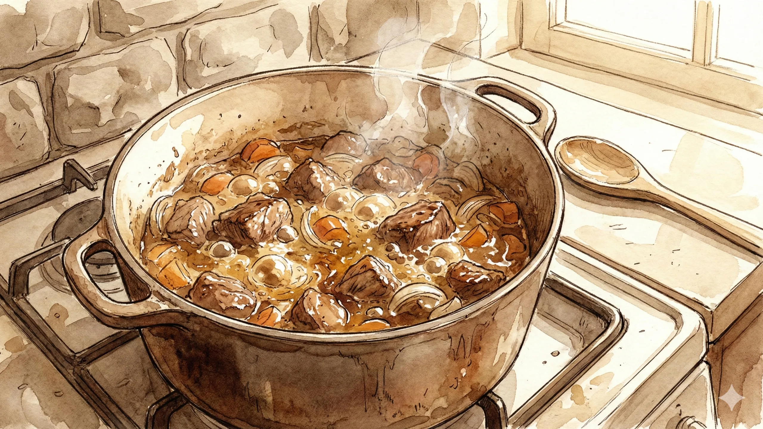 تصویر کارتونی از قابلمهای روی گاز که داخل آن مقداری گوشت میپزد